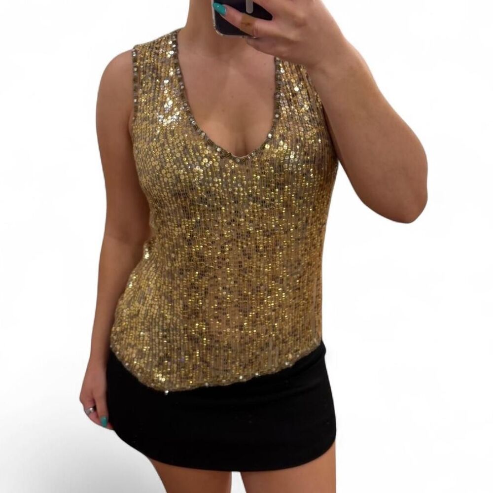 tracy reese vintage gold sequin beaded 100% silk tank top